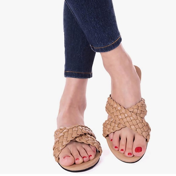 NWT, Mtzyoa Women Flat Sandals Braided Leather Crossover Nude - Picture 1 of 9